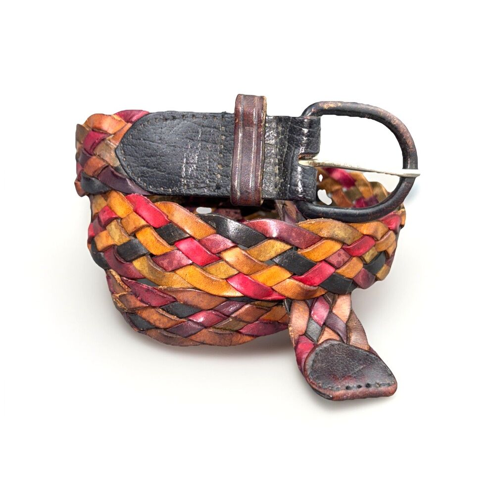 Omega Braided Belt Leather Wmn L 38" Multicolor Woven Leather Covered Buckle VTG